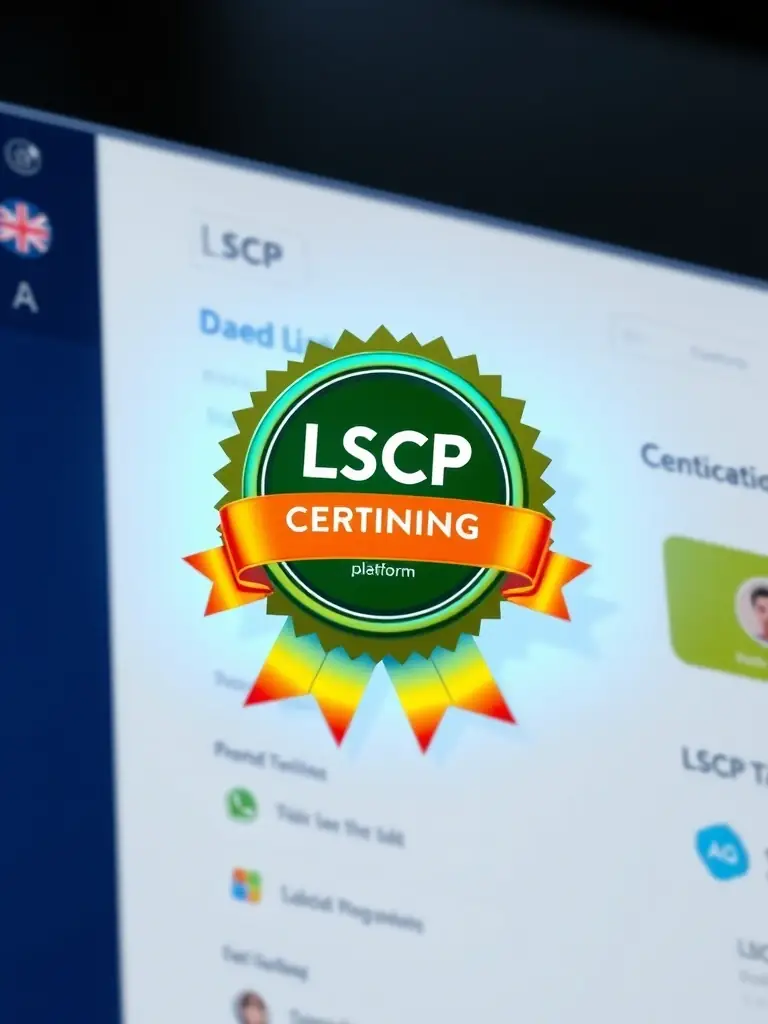 A digital badge representing certification, displayed on a mockup of the LSCP Training platform interface.